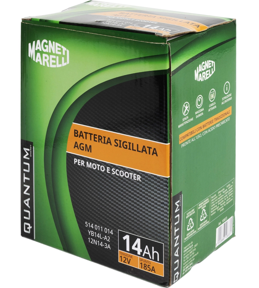 Magneti marelli batteria moto e scooter 14ah 12v 185a tecnologia agm sigillata polo positivo destro